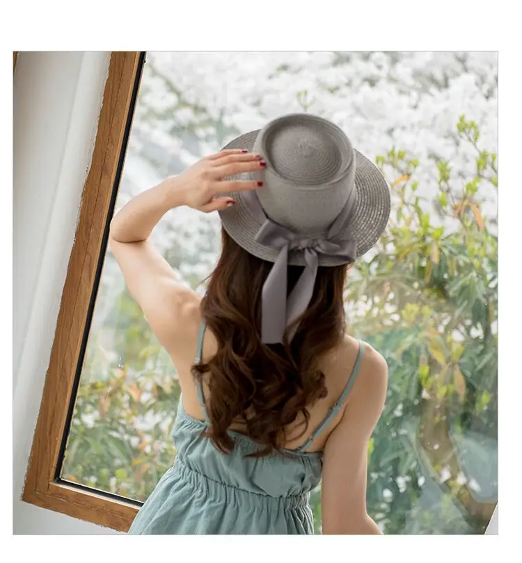 Панама летняя шляпа от солнца для женщин модная плоская шляпа с лентой пляжная соломенная шляпа для женщин Дорожная Кепка с защитой от УФ