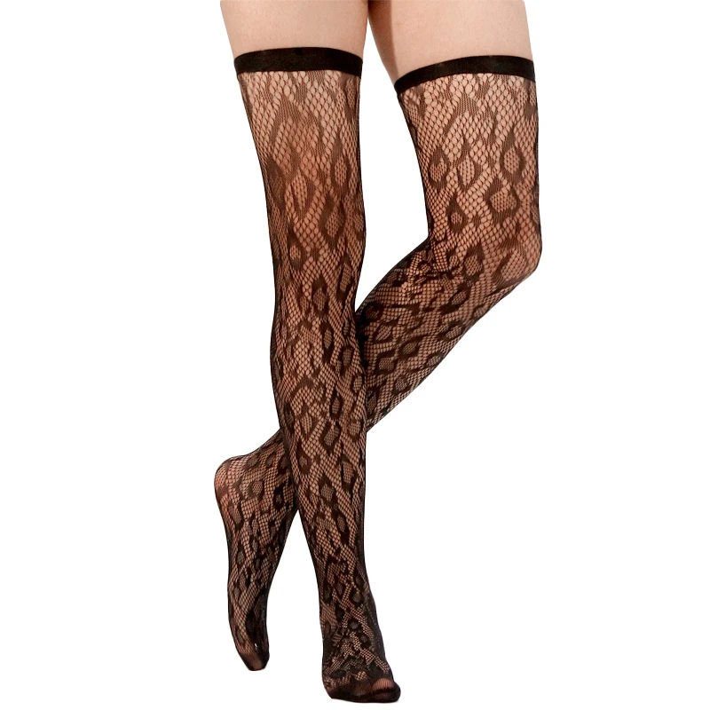 

Summer Leopard Women Stockings Sexy Black Mesh Hollow Out Long Stocking Fashion Transparent Over Knee Stockings Female