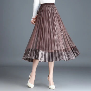 

Spring Fall Fashion Lady Women Elastic High Waisted Black Beige Blue Pleated Velour Skirt , Woman Patchwork Velvet Loose Skirts