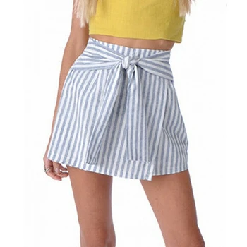 

New Women Summer Basic A-Line Skirts High Waisted Striped Cotton Linen Lady Girls Bowknot Loose Short Mini Skater Skirt 2019