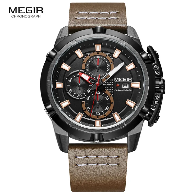 

MEGIR Racing Series Chronograph Quartz Watches for Men Fashion Leather Strap Waterproof Analogue Wristwatch fro Man 2062BKBN