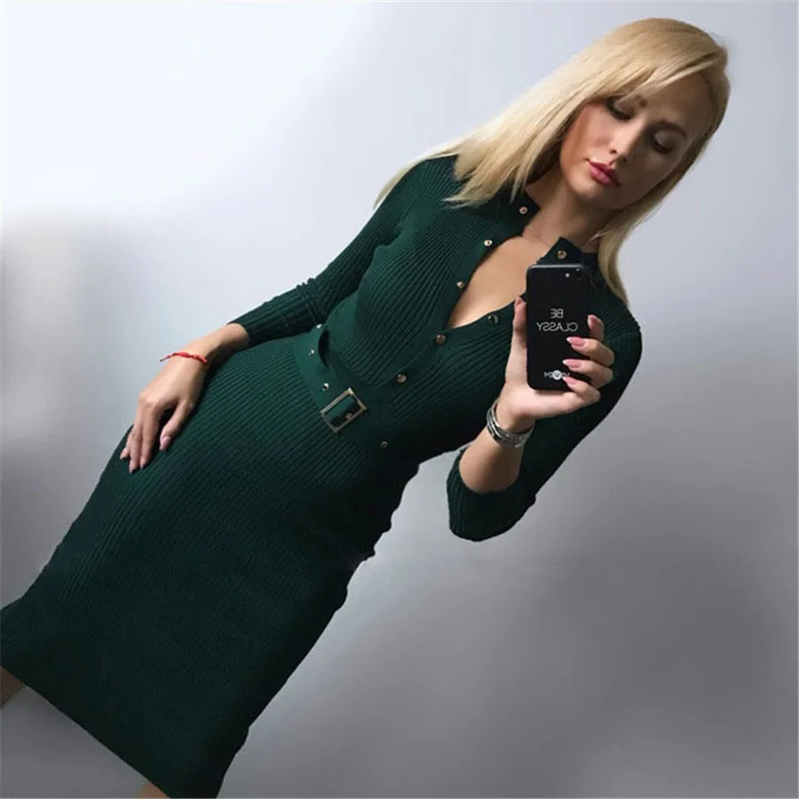 

[Lakysilk]Sexy Winter Sweater Dress For Women Office Ladies Oversized Pullovers A-Line Long Sleeve Knitted Buttons Sweaters