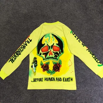

2019 Kanye West Merch Line Skull Printed Women Men Long Sleeve Fluorescent Green T shirts tees Hiphop Men Cotton T shirt Summer