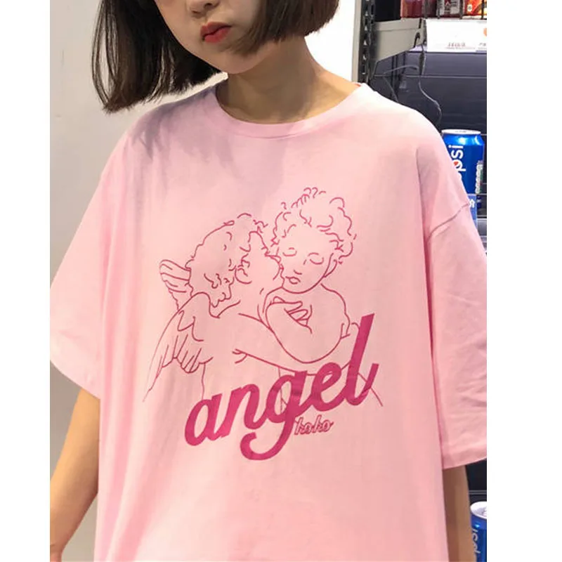 

Sweet Kissing Wing Angel Women T Shirt White Pink Casual Polyester Mom Tee Shirt For Summer Girl Tops Pnv-16