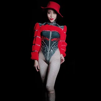 

Nightclub Red Glisten Rhinestones Jumpsuit Long Sleeves Evening Celebrate Singer Bodysuit Performance Party Stage Dance Costume