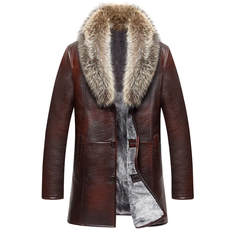 High Quality Big Detachable Real Fur Collar Leather Coat Men Faux