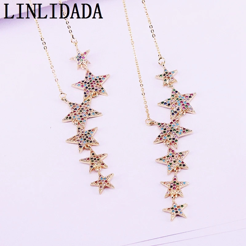 

6Pcs Fashion Colorful Zirconia CZ Micro Pave Top Quality Stars Shaped Charm Rainbow Elegant Necklaces