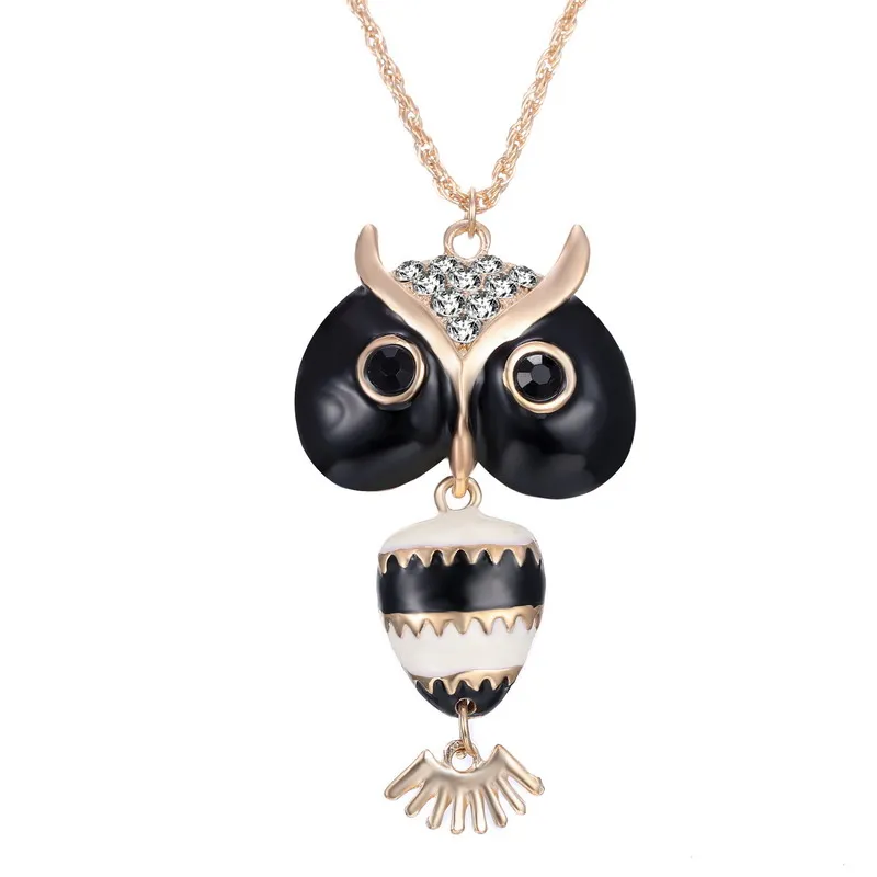 

Special Women Alloy Owl Animal Pendant Necklaces Enamel Shining Crystal Gold Plated 76cm Long Necklace