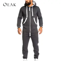 Oeak осень для мужчин комбинезоны для женщин лоскутное Спортивная повседневное спортивный костюм с капюшоном карманами