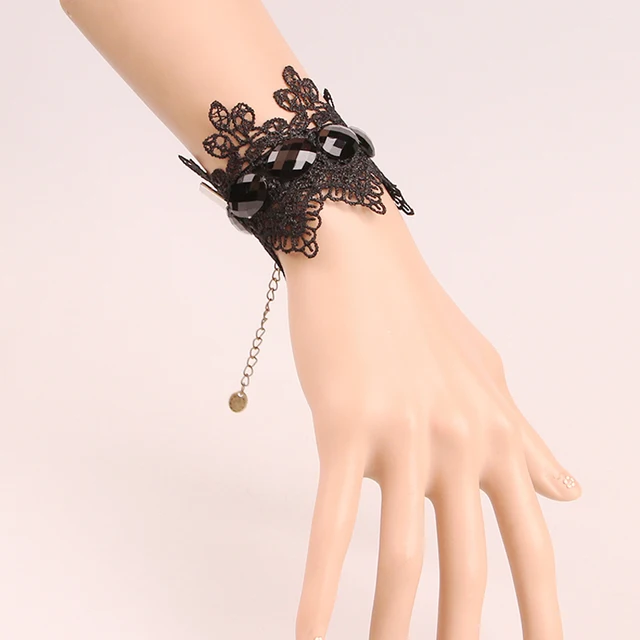 Black Bracelets Free Shipping Women Lace Jewelry With Black Rhinestone