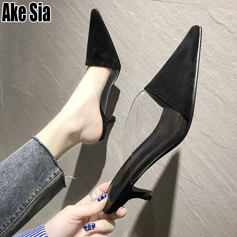 

Ponited Toed Fashion Casual Women's Half Hyaline Stilettos Med Heels Loafer Lazy Slippers Mules Slides Mujer Shoes Feminnie A552