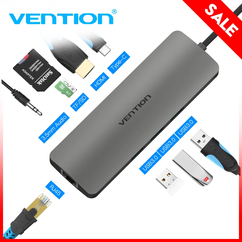 USB концентратор Vention с Type C хаб 3.0 и Thunderbolt 3 HDMI 5 мм аудиоразъем RJ45 адаптер для MacBook Pro/