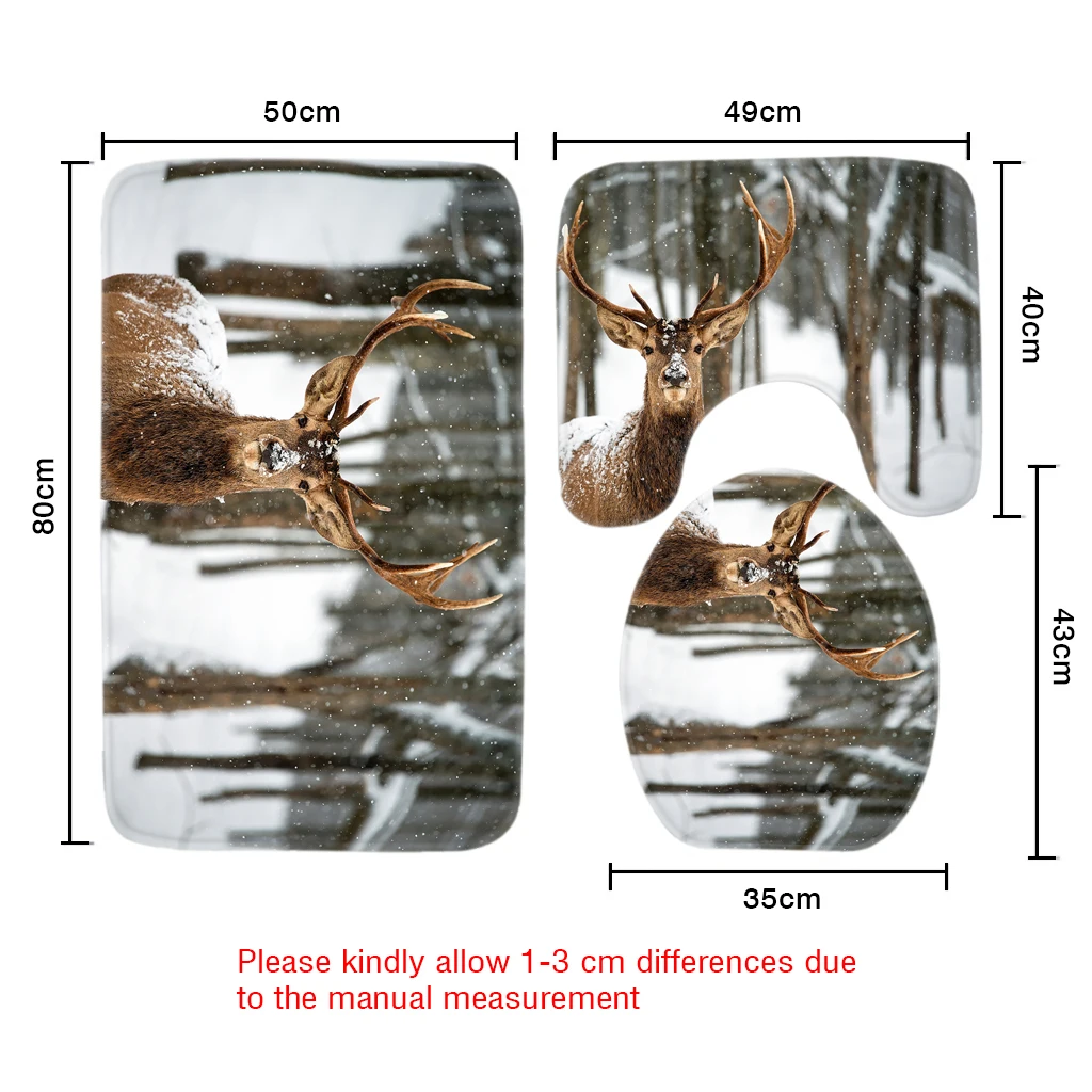 Комплект из 3 предметов, для ванной и туалета Комплект ковриков один олень лес узор нескользящий, для ванной коврик классический мультфильм Ванная комната набор ковриков