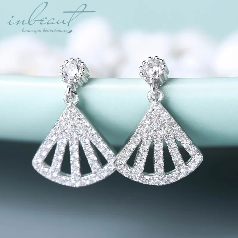 

inbeaut 925 Silver Sparkling Zircon Skeleton Fan Drop Earrings Female Korean 14K Gold White CZ Sector Dangle Earrings for Women