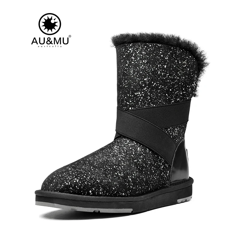 

2018 AUMU Sparkle Suede Fur Pull on Thick Platform Round Toe Snow Winter Boots N364