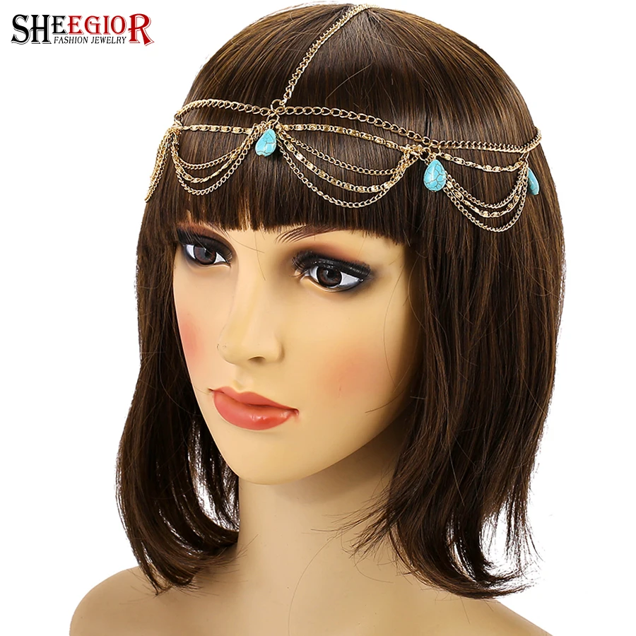 

SHEEGIOR Ethnic Boho Weddings Bride Hair Accessories for Women Gold Tassels Charm Hairbands Green Turquoises Head Chains Jewelry