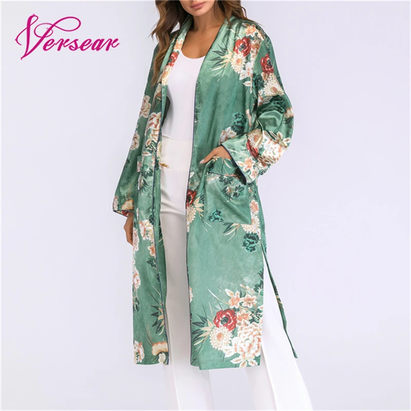 Top de Camisa de Playa para Mujer con cintur/ón Elegante Kimono c/árdigan Vintage Casual Chaqueta Tops Abrigo Largo de Mujer de Gasa Estampada c/árdigan Manga Larga