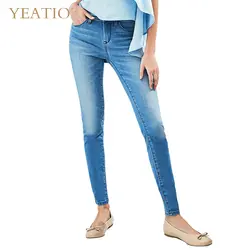 YEATION женские эластичные стрейч джинсы для женщин Высокая талия брюки девочек Винтаж узкие брюки женские прямые