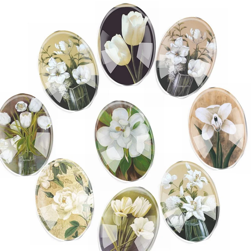 Ручной работы Стекло микс Размеры белые цветы овальной формы Flatback камео кабошоны Выпуклое в стиле “Сделай Сам фото для кулонов