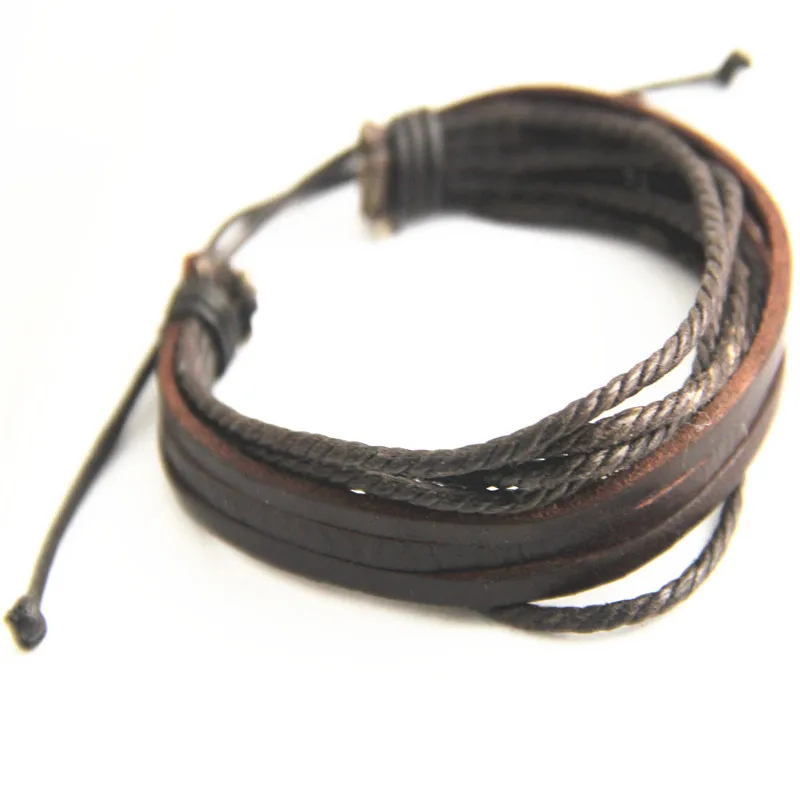 

Black And Brown Multi-Layer Wax Rope Plus Leather Multi-Layer Handmade Fashion Woven Casual Men'S Leather Bracelet Adjustable
