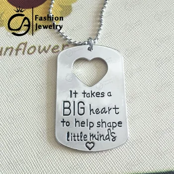 

Wholesale It takes a big heart to help shape little minds Dog Tag Cut Out Heart Necklace Teacher Gift Jewelry 20Pcs/Lot #LN1123