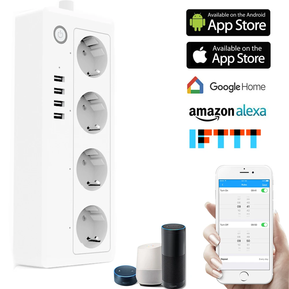 

EU Wifi Smart Socket Plug Timer Remote Control 4-Outlet Surge Protector Smart Power Strip Work with Alexa, Google Home, IFTTT