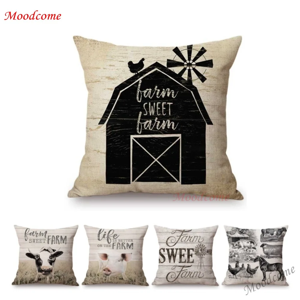 

Vintage Farm Life Art Letter Print Sweet Farm Pig Cow Chicken Home Decorative Sofa Pillow Cover Cotton Linen Nordic Cushion Case