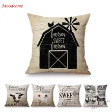 Funda de almohada para sofá decorativa Vintage Farm Life Art con letras impresas Sweet Farm Pig Cow Chicken Home funda de cojín nórdica de lino y algodón