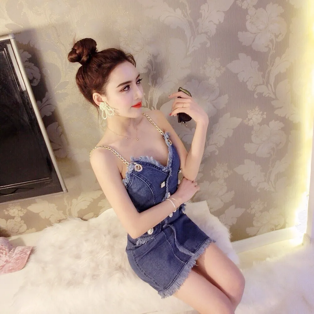 

Amolapha Sexy Women Backless Denim Dress Summer Buttons Chains Jeans Dresses for Female Woman