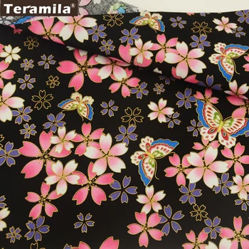 

Teramila Cotton Gold Foil Linen Fabric Dark Black Sewing Tablecloth Curtain Printed Floral Design Patchwork Textile Decoraion