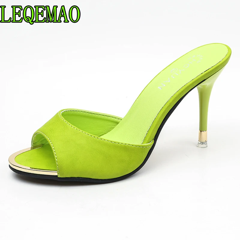 

Pink Green Fashion Female Slippers Leather Open Toe Sandals Summer Women Shoes Mules Ladies High Heeled Slides Shoes