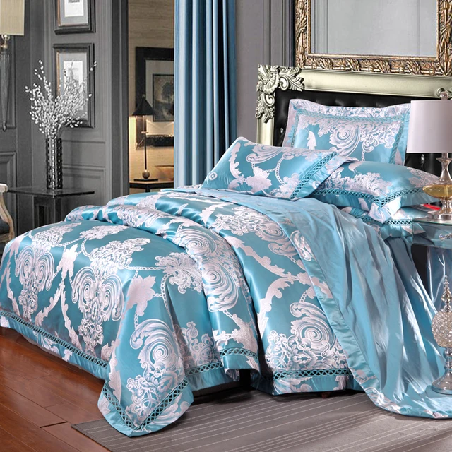 Light Blue Floral Flowers Jacquard Bedding Silk Cotton Blend Queen King Size 4pcs Duvet Cover