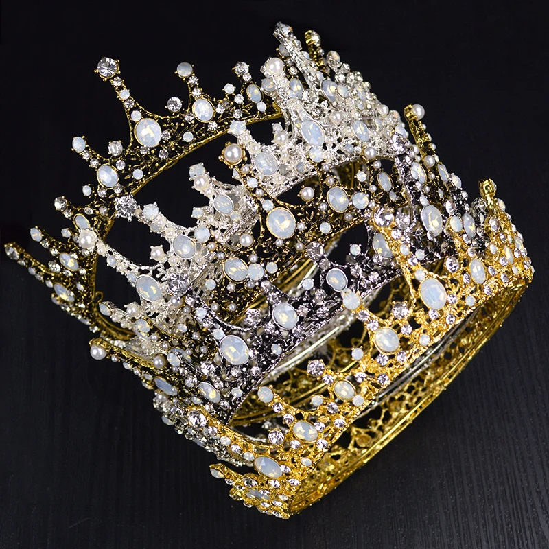 

Vintage silver Gold Baroque Rhinestone Round Crown Crystal Large Queen tiara For Wedding Hair Jewelry Bridal Hair Accessories