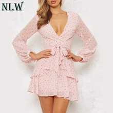 NLW Pink Polka Dot Vintage Ruffle Dress Long Sleeve Mesh Short Sexy Dress 2018 Autumn Fashion Elegant Layered Mini Dress Robe