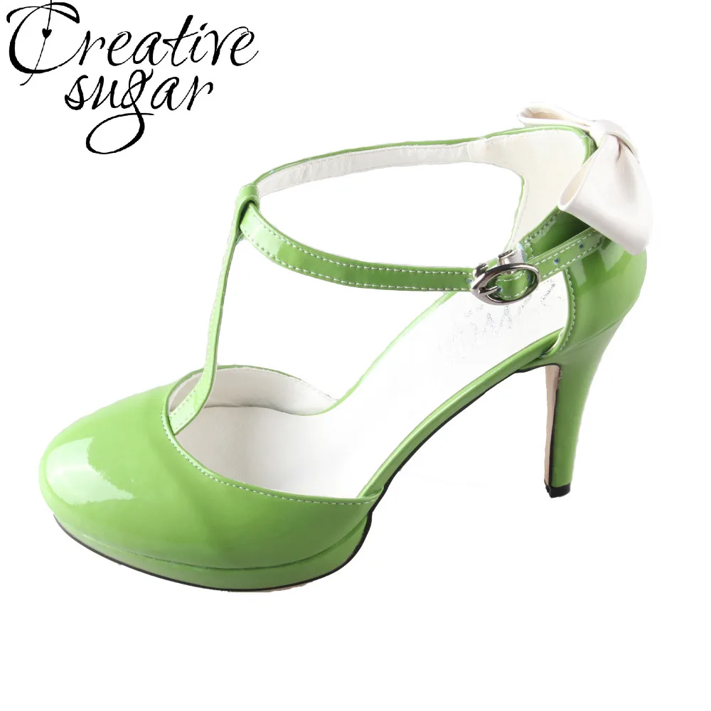 

Creativesugar Handmade fruit green patent leather ankle strap woman bridal greenery wedding prom bow pumps graduation shoes heel