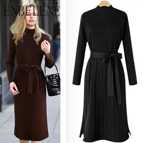 

2019 Winter Knitted Dress Women Solid Dark Brown Black Elastic Waist Dress For Female Loose Knee-length Dress Office Lady GJ305