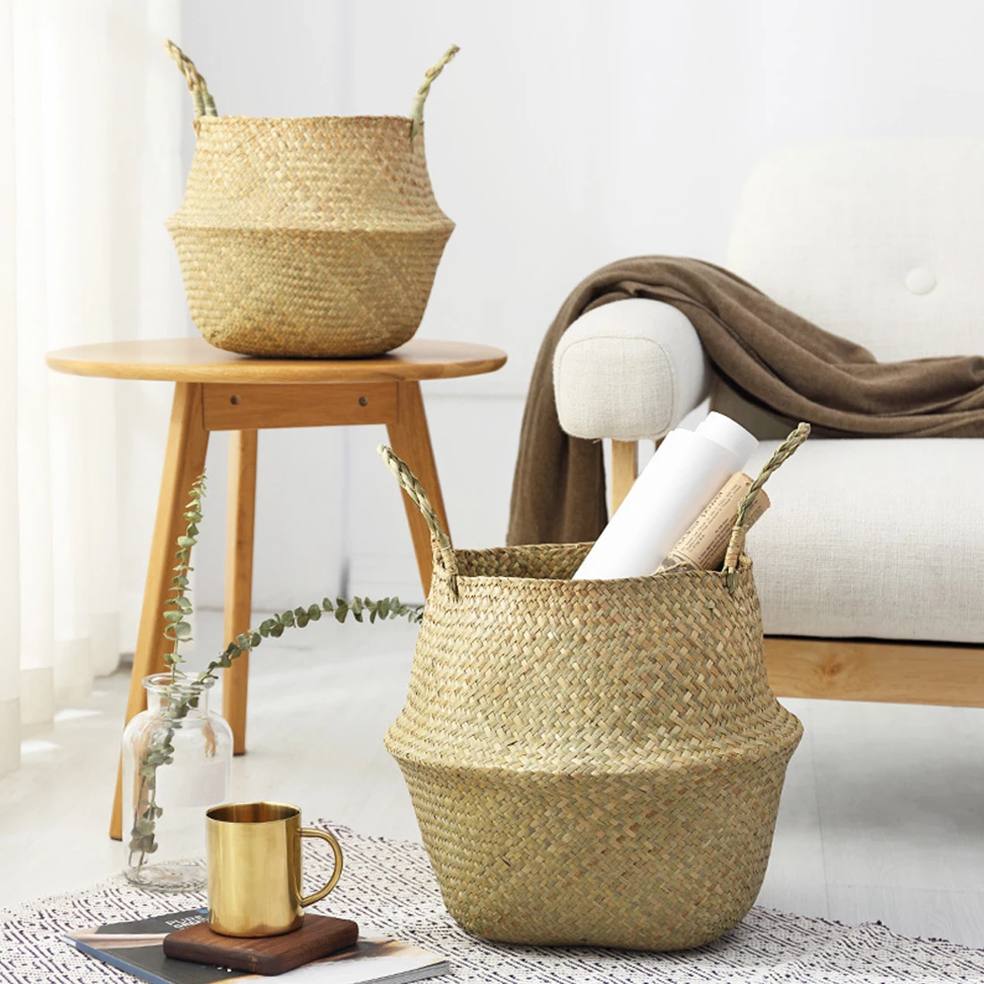 

Desktop Storage Sundries Basket Foldable Laundry Straw Wicker Rattan Seagrass Belly Garden Flower Pot Planter Basket