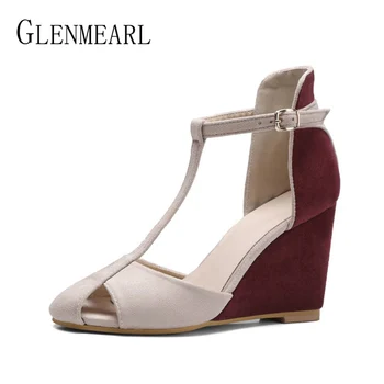 

Shoes Women Pumps High Heels T-Strap Dress Shoes Woman Wedges Heels Spring Ladies Party Shoes Summer Round Toe Cutout Red BlueDE