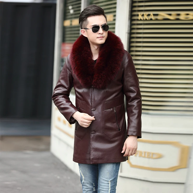 

2019 Faux Leather Coat Men Sheepskin Biker Jacket Thick Warm Winter Leather Coat Sheep Shearing Fur Coat Men Red Leather Jacket
