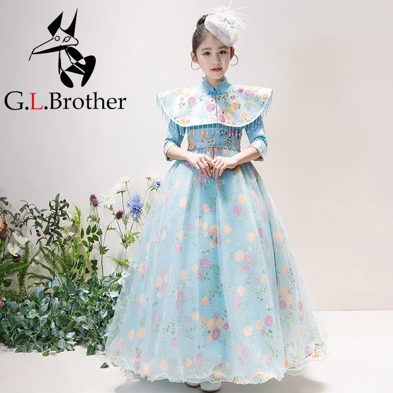 

Chinese Style Kids Girls Ball Gown Dress Fashion Elegant Floral Girl's Vestidos Bamquet Birthday Party Long Dresses+Cloak S259