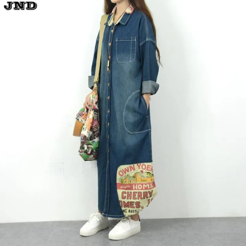 Free Shipping 2016 New Fashion Denim Long Coat For Women Plus Size Loose Jeans Outerwear Long Sleeve Dresses Single-breasted