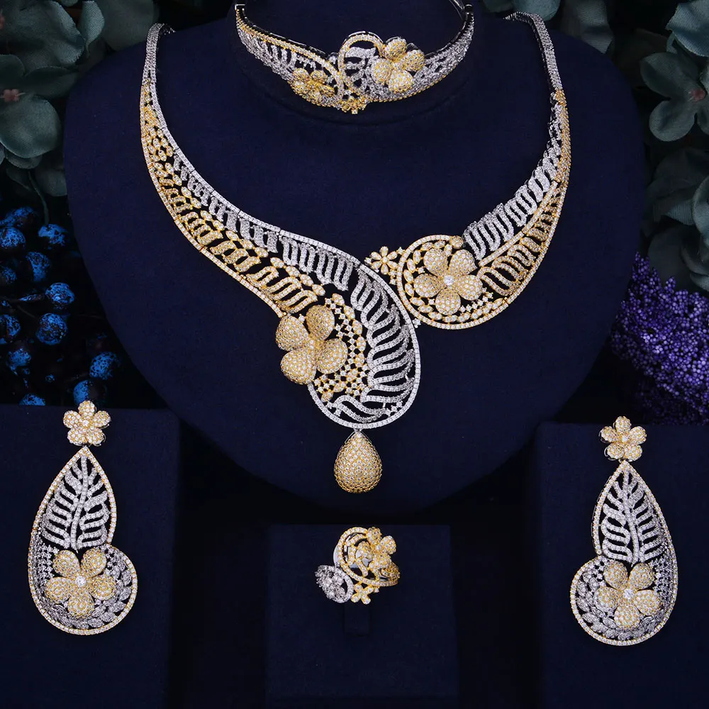 

GODKI Luxury Flower Women Nigerian Wedding Naija Bride Cubic Zirconia Necklace Dubai 4PCS Wedding Jewelry Set