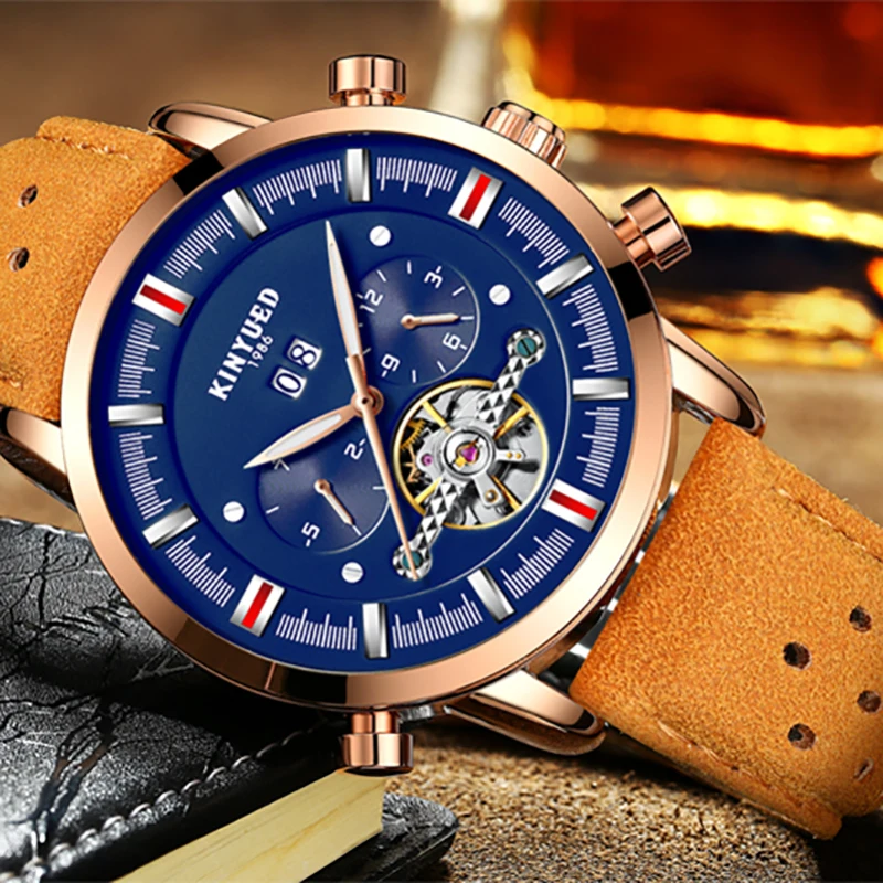 

KINYUED Luxury Fashion Brand Mechanical Watch Men Leather Man Clock Calendar Multifunctional Tourbillon Automatic Mens Watches
