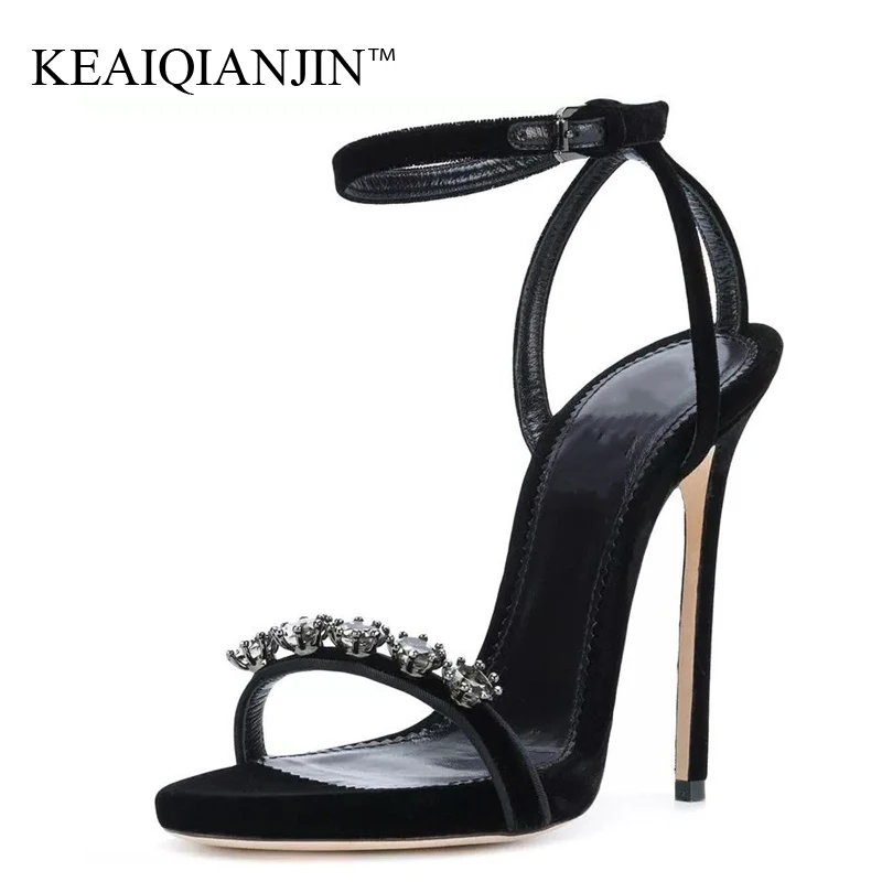

KEAIQIANJIN Women Rhinestone Sandals Plus Size 33 43 Heel Height Gladiator Sandals Crystal Party Wedding Open Toe Heels Shoes