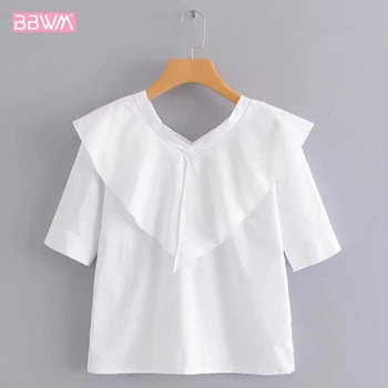 

Solid color simple pullover top 2019 summer new product loose slim backless ruffled stitching V-neck female T-shirt black White