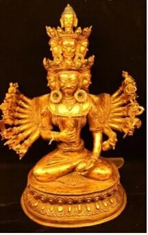 1" Тибет Буддизм Фиолетовый Бронзовый 24 К Золото Девять caput 1000 Руки Статуя Будды