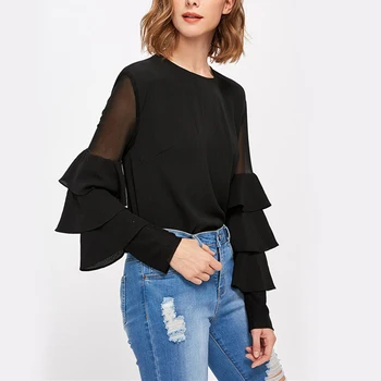 

Elegant Women Blouse Ruffle Long Sleeve Shirts Lace Mesh Insert Tiered Bell Sleeve Office Ladies Casual Loose Tops Black 7Q1712