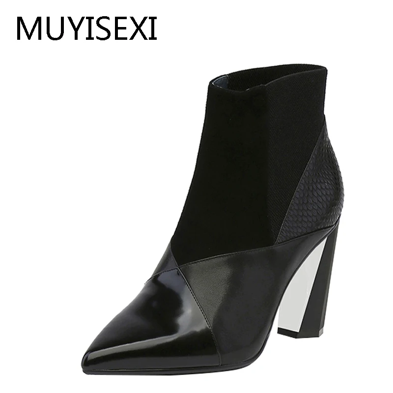 

Women Ankle Boots Pointed Toe 9 CM High Heels Black White Patchwork Ladies Botte Femme Botas Mujer plus size HL132 MUYISEXI