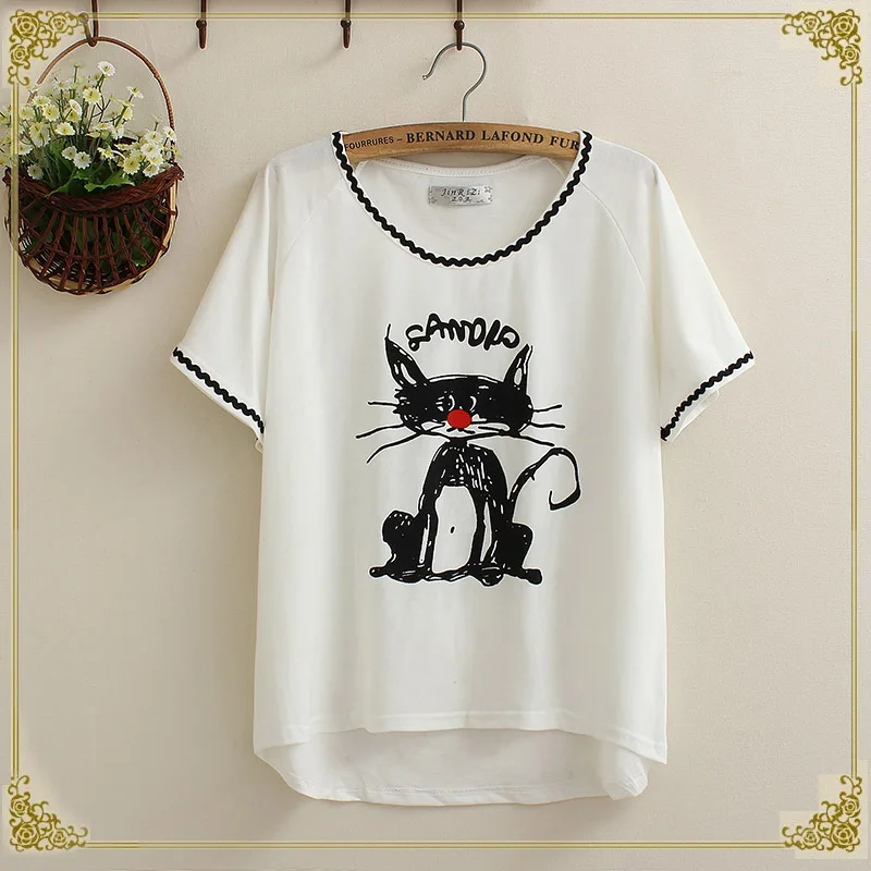 

2019 New Ropa De Mujer Kitten Print Bat Sleeve Loose Cotton Short-sleeved Shirt Female Fashion Street White Harajuku T-shirt