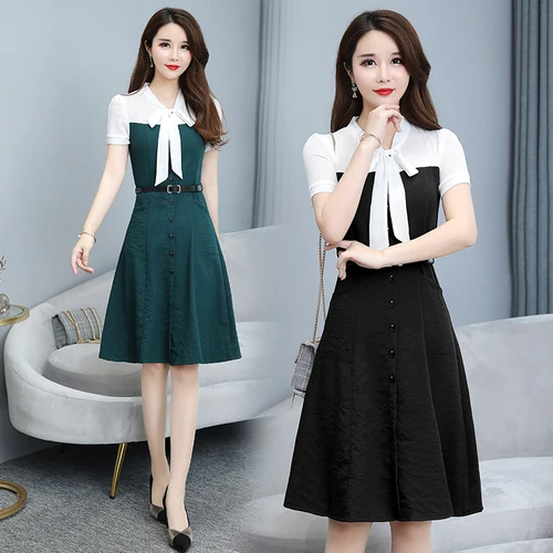 

Summer 2019 Korean Fake Two Pieces Patchwork Bow Dresses Woman Plus Size Large Dresses Drees Long 5XL Fashion Women Cloth